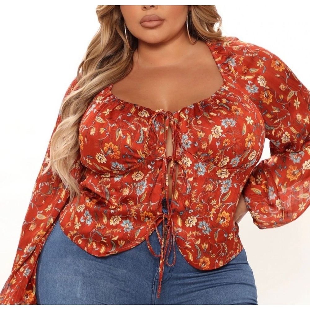 Dark Orange Floral Top 2XL Babydoll Metallic Thread Semi-Sheer Festival Boho Y2k